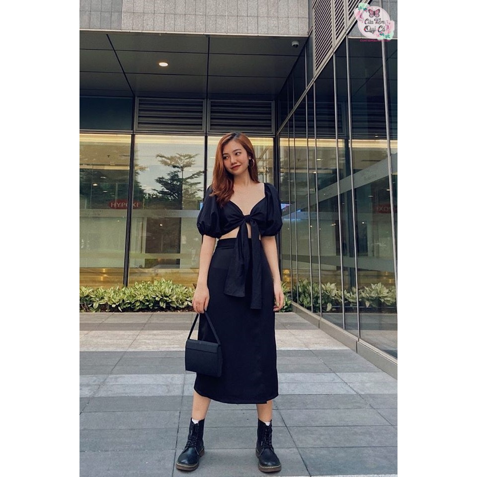 CHÂN VÁY MIDI SKIRT ĐEN TRƠN XẺ TÀ - HÌNH CHỤP THẬT | BigBuy360 - bigbuy360.vn