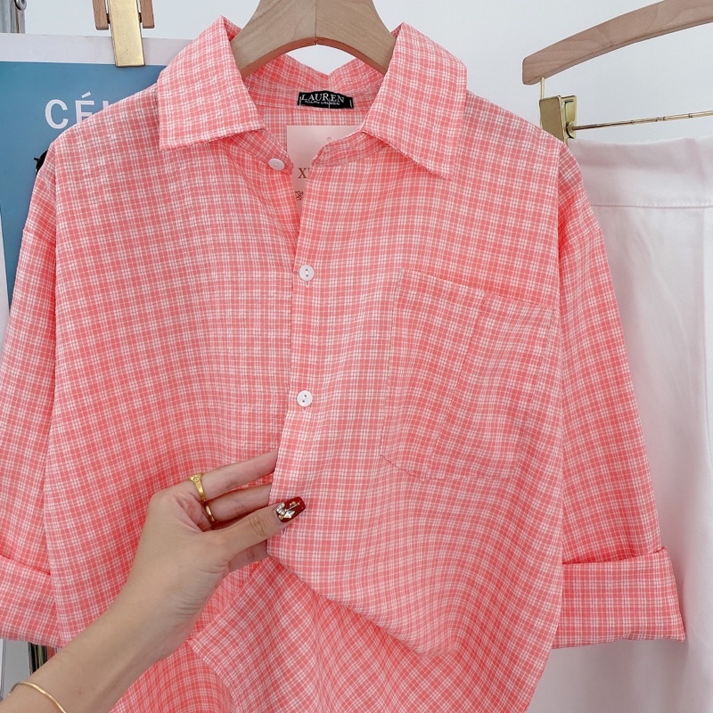 [ 𝐅𝐑𝐄𝐄 𝐒𝐇𝐈𝐏 ]  SÉT SƠ MI CARO HỒNG MIX QUẦN ỐNGS SUÔNG HÀNG L1 CHẤT ĐẸP LẮM Ạ