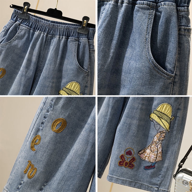 Quần Short Denim Lưng Cao Thêu Họa Tiết Hoạt Hình Cho Nữ