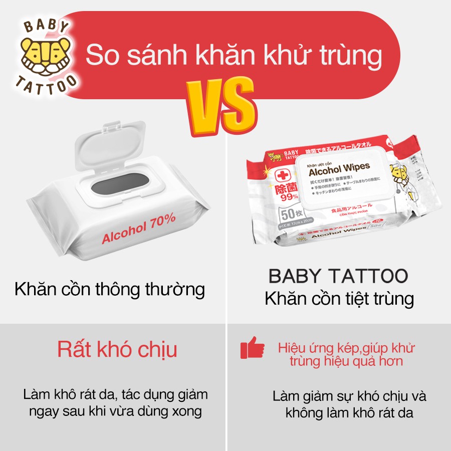 BABY TATTOO Combo 5, Combo 10 gói khăn giấy ướt CỒN 50 tờ thích hợp lau chùi đồ vật diệt khuẩn