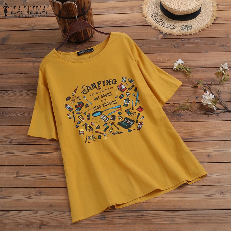 Áo thun cotton ZANZEA cổ tròn tay ngắn in họa tiết thời trang cho nữ