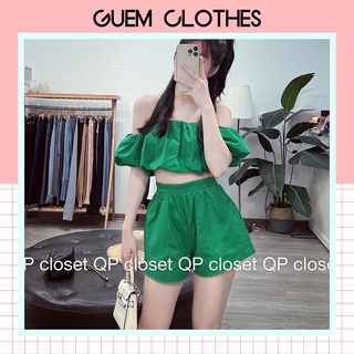 SET áo trễ vai croptop + quần short 3 màu xanh, hồng, trắng siêu xinh thời trang nữ - GUEM Clothes