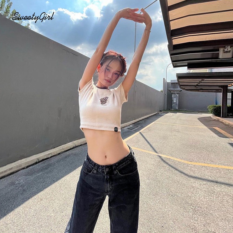 Áo Thun Croptop Tay Ngắn Cổ Tròn In Chữ Phối Màu Tương Phản Thời Trang 2022 Cho Nữ