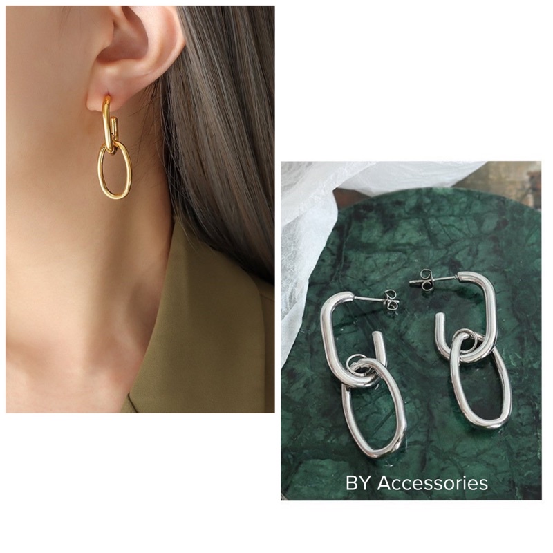 Bông tai titan hình học vintage kiểu bầu dục lồng nhau không gỉ WE2209