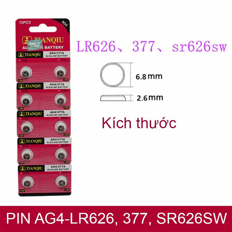 PIN Nhỏ Đầu Đũa AG4, SG4, LR66, 376, 377, SR626SW, LR626, SR626, TIANQIU 1 Vỉ 10 Viên