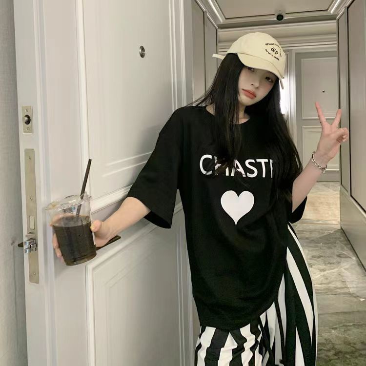 COZOK Set Áo Thun Tay Ngắn Hình Trái Tim + Quần Dài Ống Rộng Kẻ Sọc