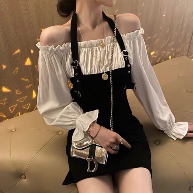 Bigsize M-4XL đầm bẹt vai giả yếm sexy cá tính