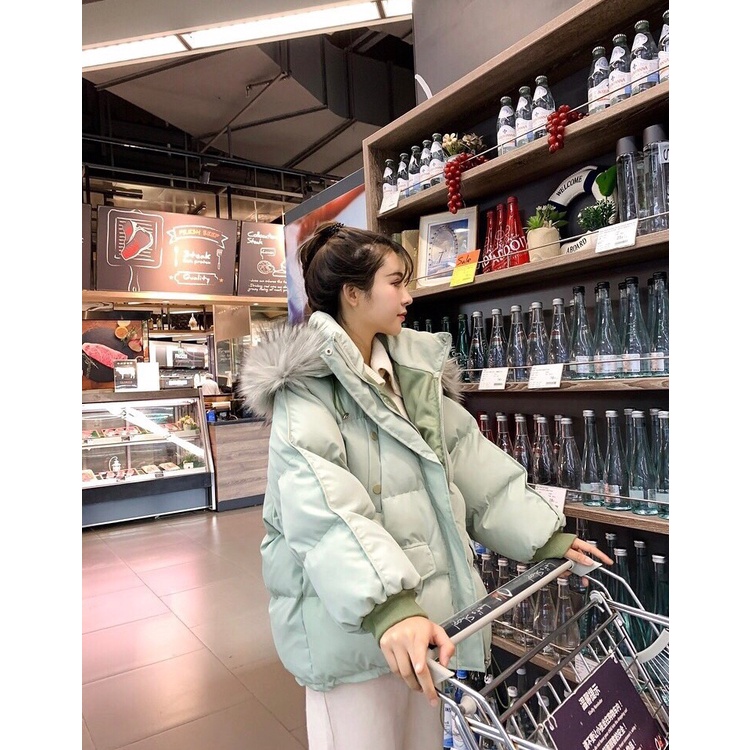 Áo phao béo kèm mũ lông tách rời ba màu xanh đen, xanh dương và xanh lá freesize dưới 70kg - Hàng chuẩn QCCC | BigBuy360 - bigbuy360.vn