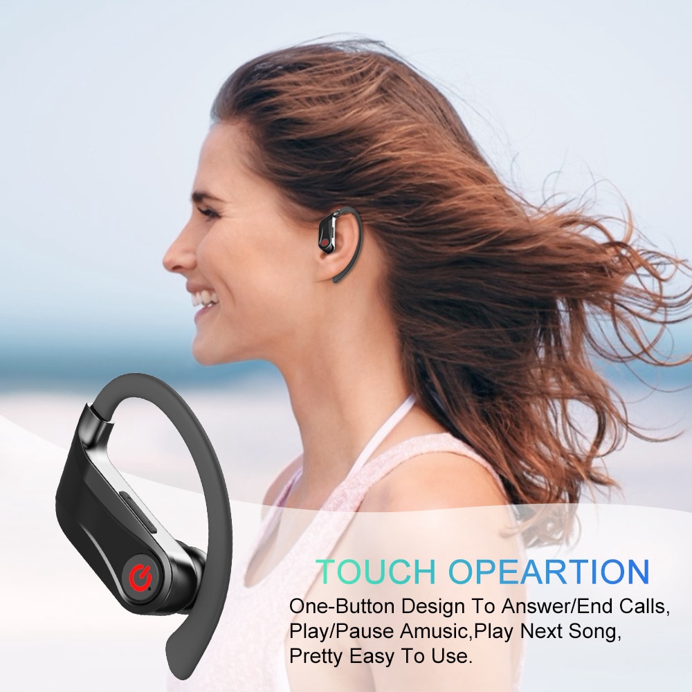 Tai nghe Bluetooth 5.0 phong cách thể thao chống nước hỗ trợ microphone và cục sạc.