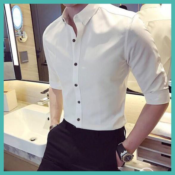 Áo sơ mi nam dài tay Mantoni màu Trắng Cúc Đen vải lụa không nhăn không phai siêu bền