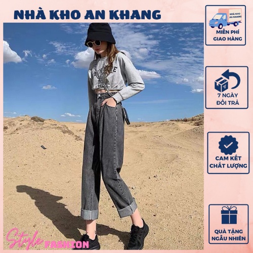 Quần jeans baggy suông ống rộng phối lưng thun nút cài form đẹp dễ phối đồ