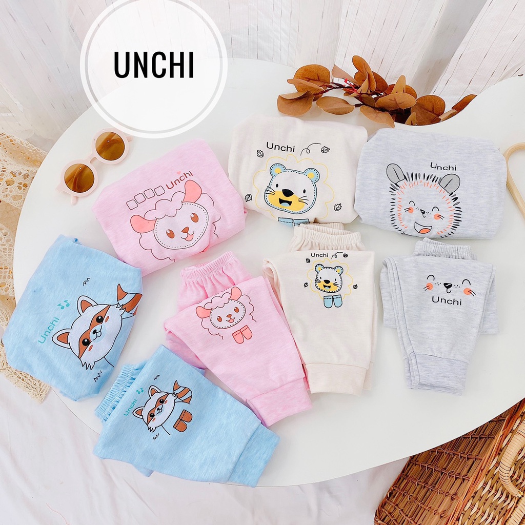 Bộ cotton nỉ Unchi dày dặn tay kẻ hình thú cổ 3p cho bé sơ sinh - 14kg SABOMART