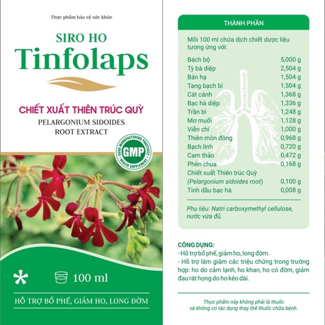 Siro ho Tinfolaps - chiết xuất thiên trúc quỳ, bổ phế, giảm ho, tiêu đờm