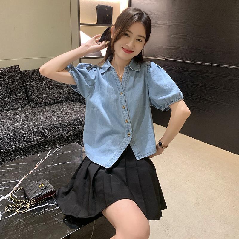 Áo Sơ Mi Denim Tay Ngắn Phong Cách Hong Kong Cổ Điển Thiết Kế Mới Cho Nữ