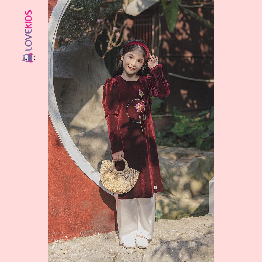 Áo dài nhung thêu hoa sen tay bồng BG | Lovekids