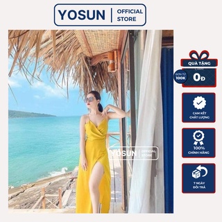 [ẢNH THẬT CUỐI] Đầm Nữ Đi Biển Đắp Chéo Ngực Quyến Rũ, Đầm Maxi Nữ Hai Dây Form Dài Đan Dây Lưng Màu Vàng Nổi Bật