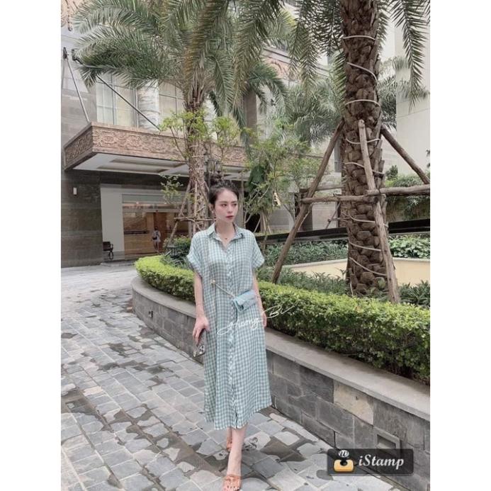 Váy Đầm Sơ Mi kẻ KA9006 Ngắn Tay Cổ Đức Phối Túi Ngực Vạt Bầu Dáng Suông Chất Thô Mềm Phong Cách Thanh Lịch