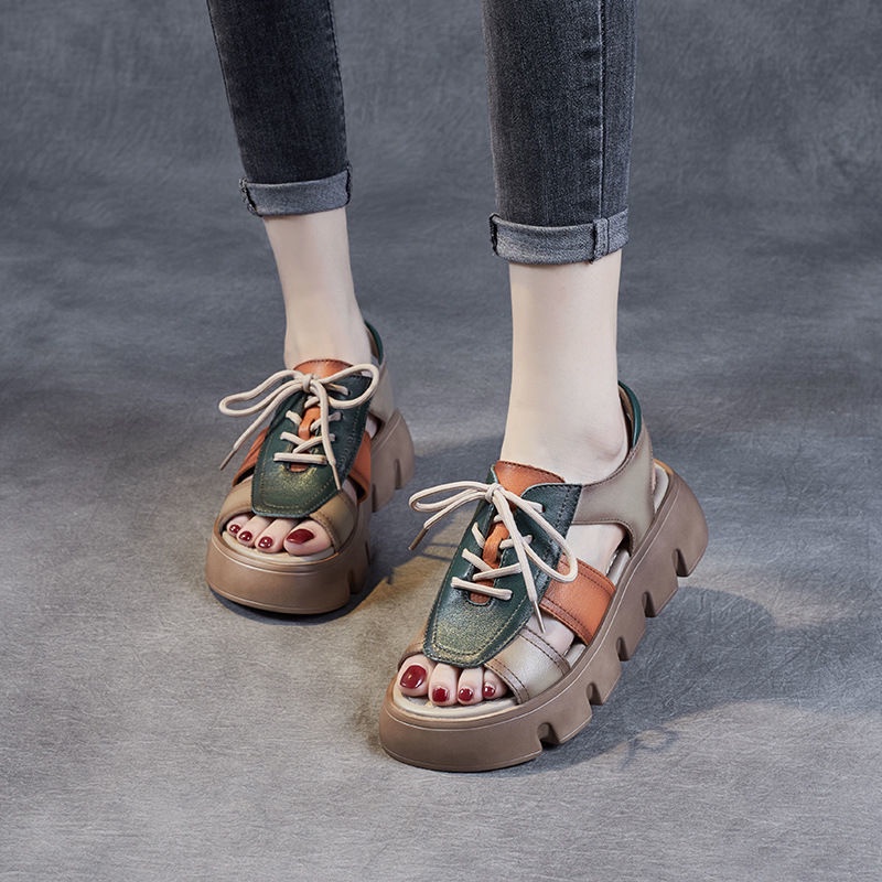 Giày Sandal Da Đế Dày Đục Lỗ Phối Màu Phong Cách Retro Thời Trang Đi Biển