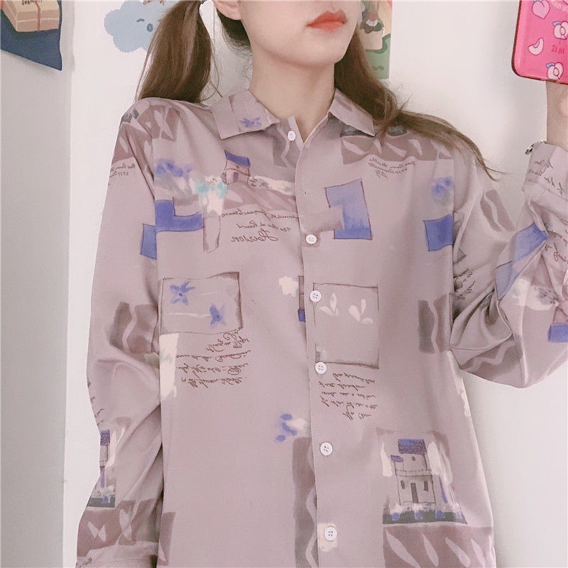 Áo Sơ Mi Nữ Dài Tay Cổ Bẻ Form Rộng In Họa Tiết Phong Cách Retro Hong Kong Mới