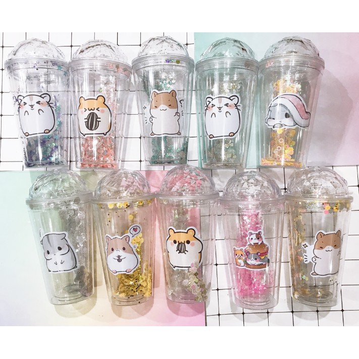 cốc 2 lớp kim tuyến hamster Phoebe nắp cầu CNKI29 cốc giữ nhiệt ly 2 lớp nắp cầu cốc làm lạnh dễ thương 500ml