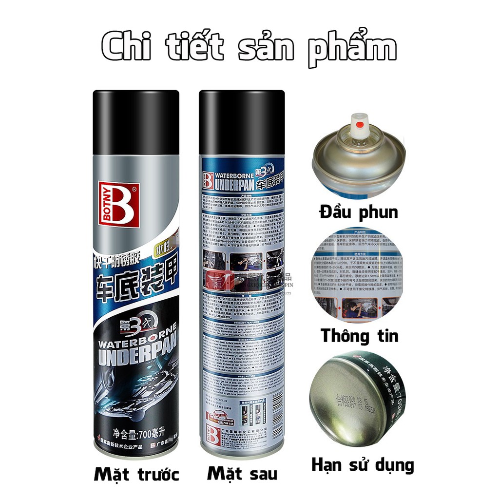 Chai xịt sơn phủ gầm ô tô cách âm chống ồn Botny B-2050 dung tích 700ml -TC AUTO