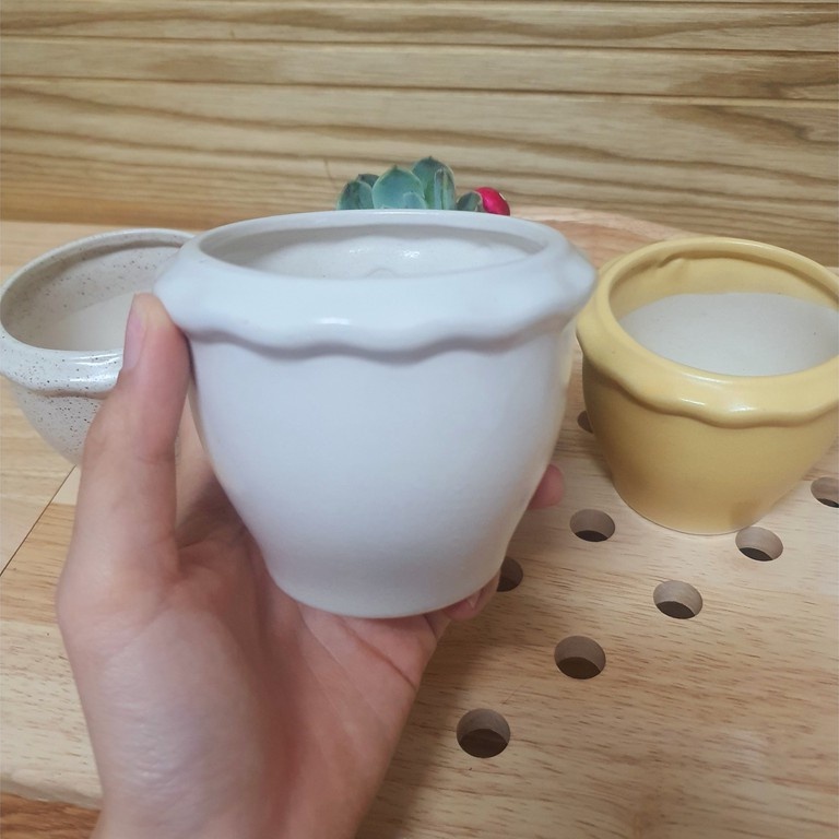 Chậu trồng cây cảnh - Sen Đá - Xương Rồng - Hoa nhỏ - Kiểu vành TRÒN GỢM SÓNG - Chậu Bonai  gốm Sứ Bát Tràng