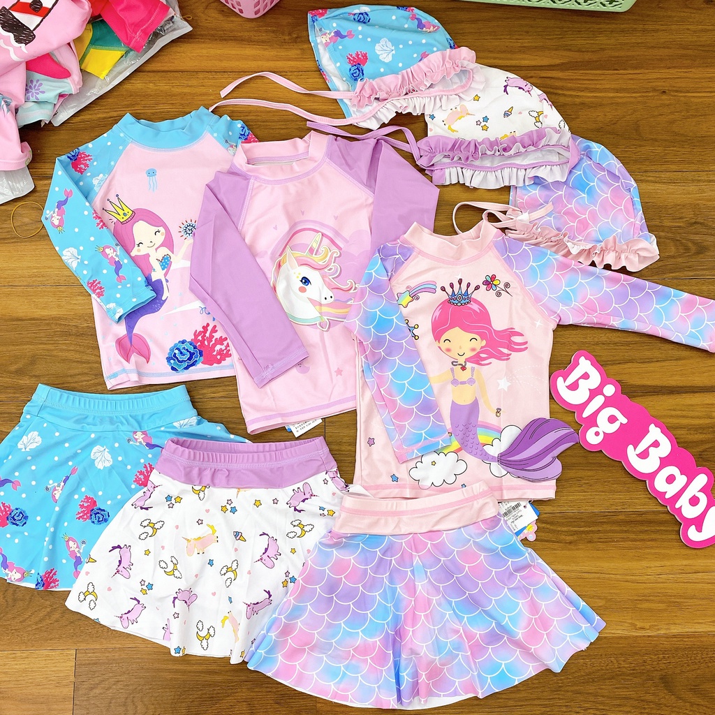 BỘ BƠI ÁO TAY DÀI KÈM VÁY VÀ NÓN XUẤT XỊN CHO BÉ GÁI 8-18KG