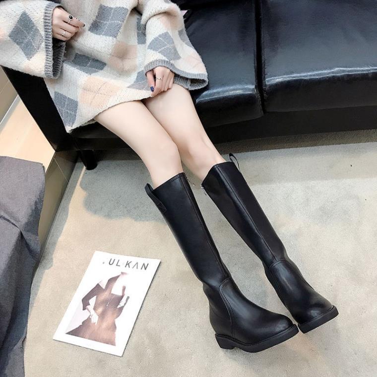 SẴN Giày bốt thu đông mới 2019 phiên bản hàn quốc của cao gót đen mỏng dày thấp dài đến đầu gối