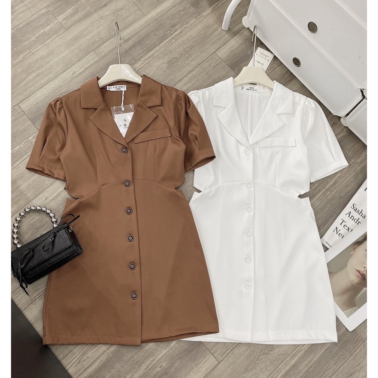 Váy Cổ Vest Khoét Eo 4 Màu Cá Tính Có Ảnh Thật, Đầm Nữ Dáng Suông