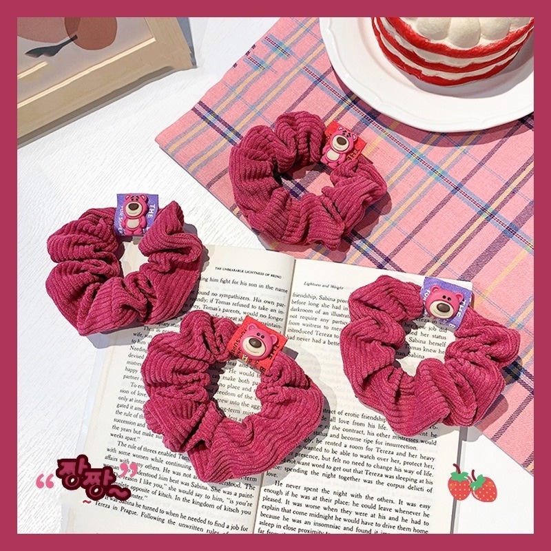 Dây buộc tóc/ Kẹp tóc MANYUE vải nhung kẻ bản lớn trang trí gấu dâu tây hoạt hình phong cách Hàn Quốc xinh xắn