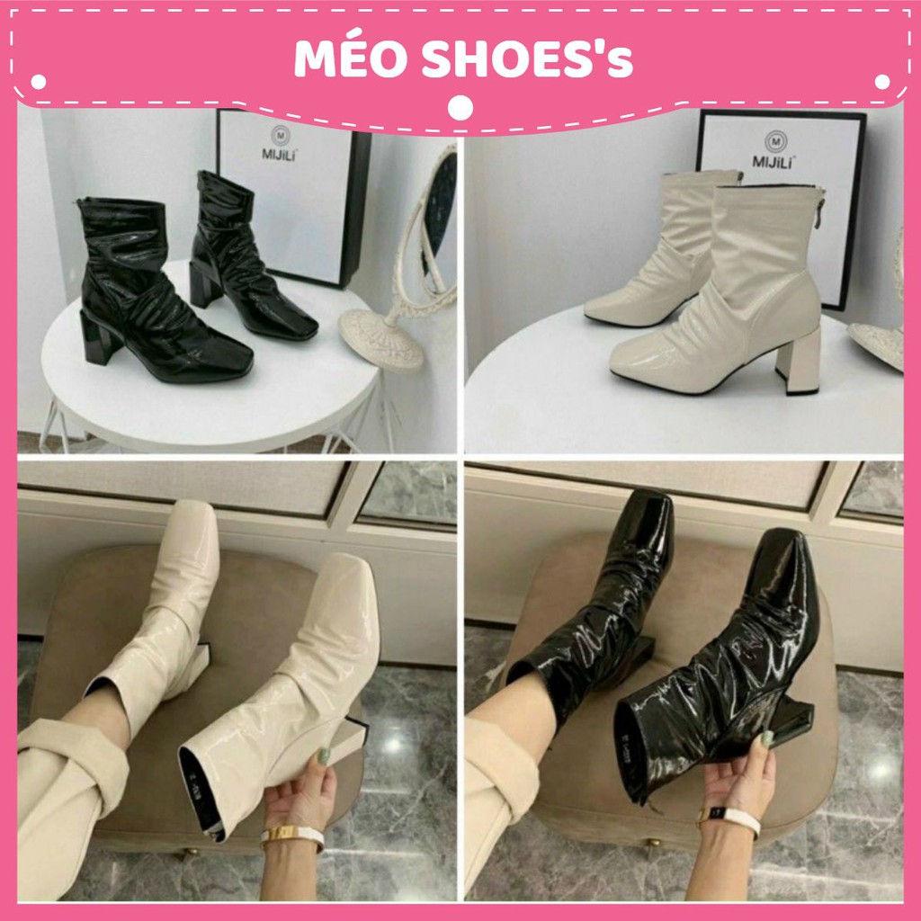 [MÉO SHOE] Boots nữ da bóng phối nhăn gót cao 5 phân sang chảnh