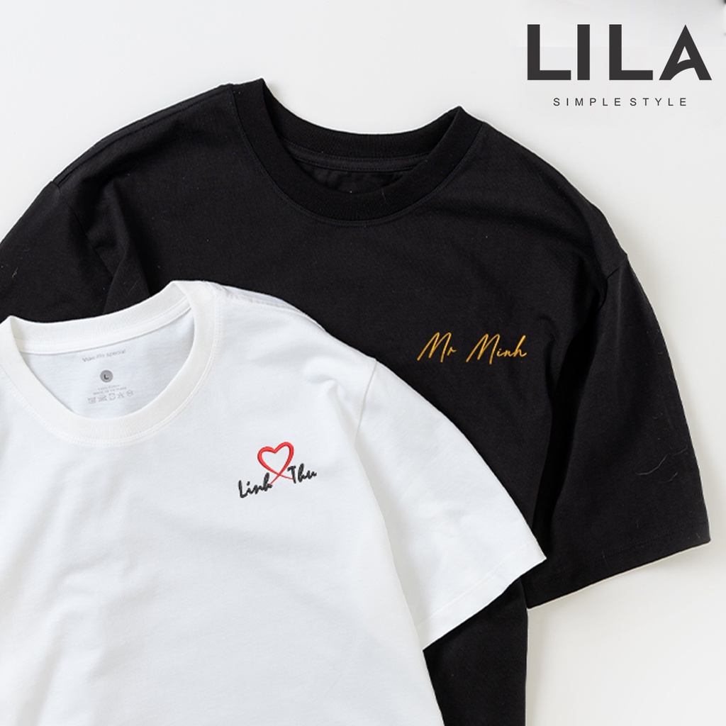 Áo PHÔNG tay lỡ THÊU TÊN yêu cầu BASIC TEE thun unisex vải COTTON giữ form, chống nhăn, áo đôi basic - LILA