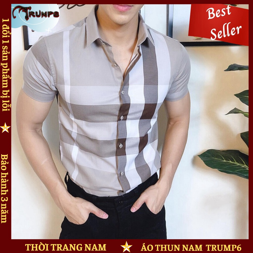 🌟DEAL SỐC🌟 Áo Sơ Mi Nam Ngắn Tay Phối Ô Vuông Màu Sữa Chất Kate Mềm Mịn Dáng Ôm Body - Hoàng Huy TRUMP6
