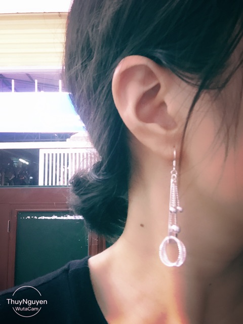 Khuyên tai dự tiệc móc treo bi vòng tròn bạc thật cao cấp