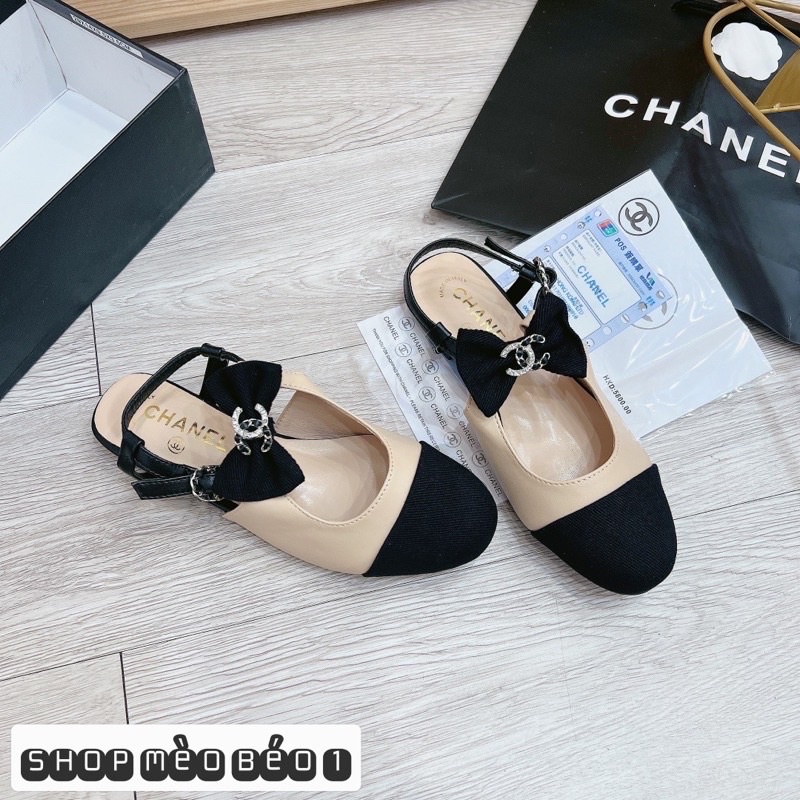 Sandal cn mũi đen quai nơ ngang đế bằng fullbox