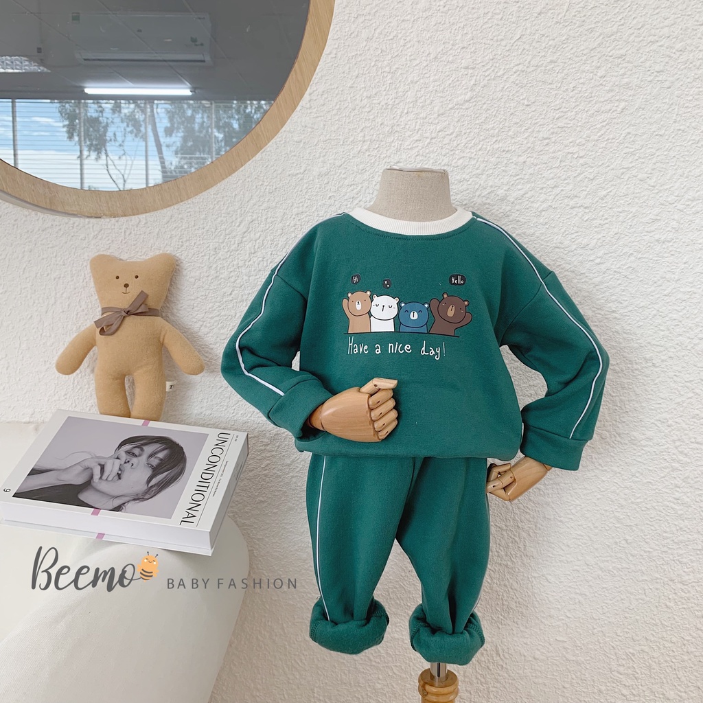 Set bộ đồ nỉ mùa đông Beemo in hình gấu dễ thương 3 màu cho bé trai, bé gái từ 1 đến 6 tuổi- 21B181