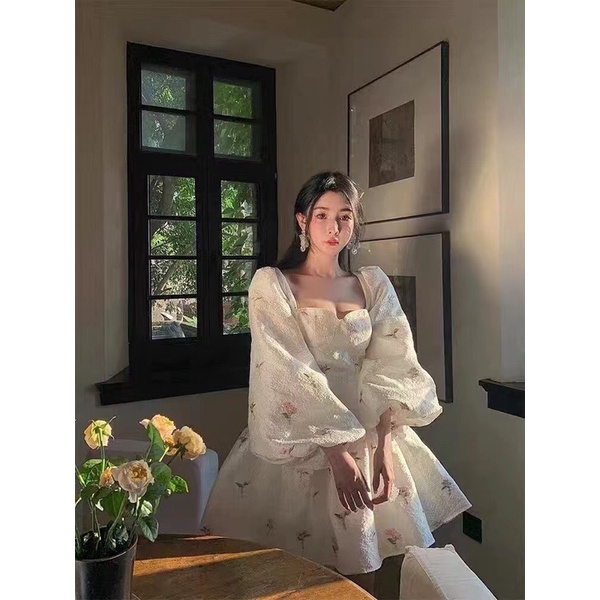 Đầm Tay Phồng Cổ Vuông Phong Cách Retro Pháp Thời Trang Mùa Thu Cho Nữ