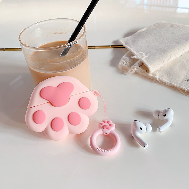 Vỏ Bảo Vệ Hộp Sạc Tai Nghe AirPods 1 2 3 Pro Bằng Silicon Hình Chân Mèo Màu Hồng Trắng Dễ Thương Kèm Dây Đeo
