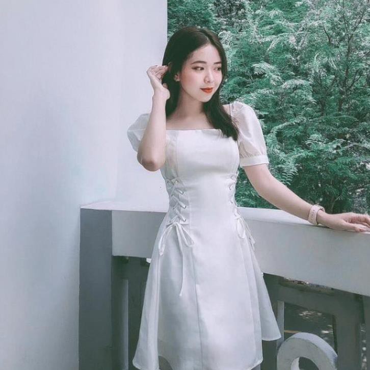 Đầm trắng tay phồng đan eo | BigBuy360 - bigbuy360.vn