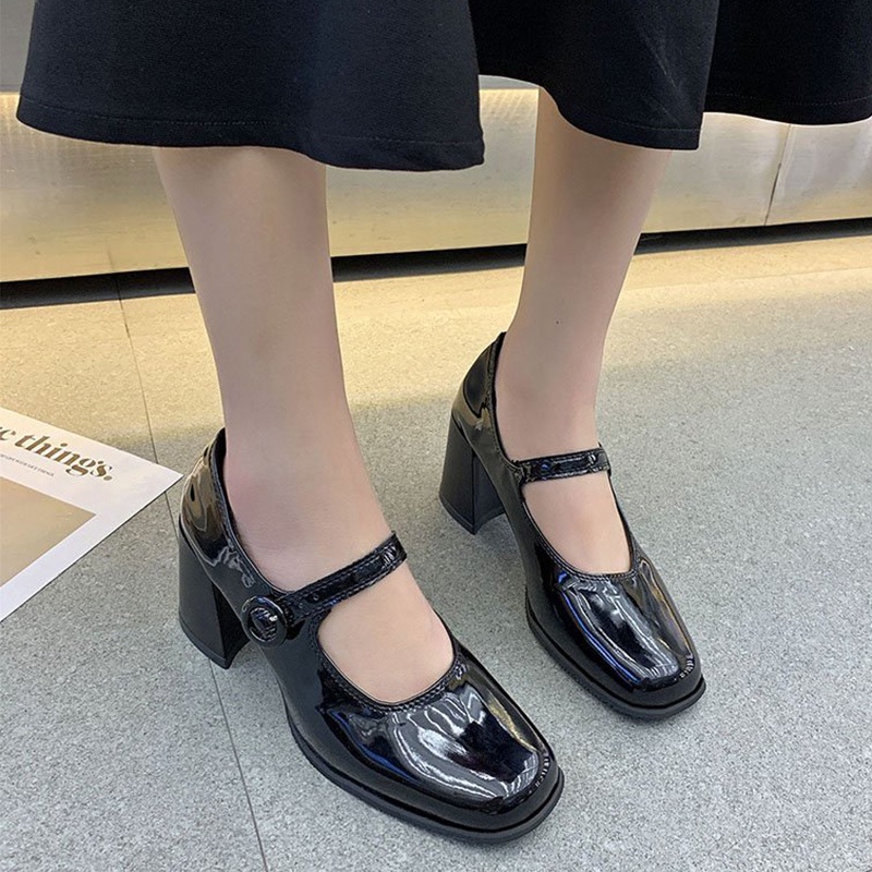 Giày Mary Jane da đen mũi vuông gót dày phong cách Retro thời trang xuân thu 2021 dành cho nữ