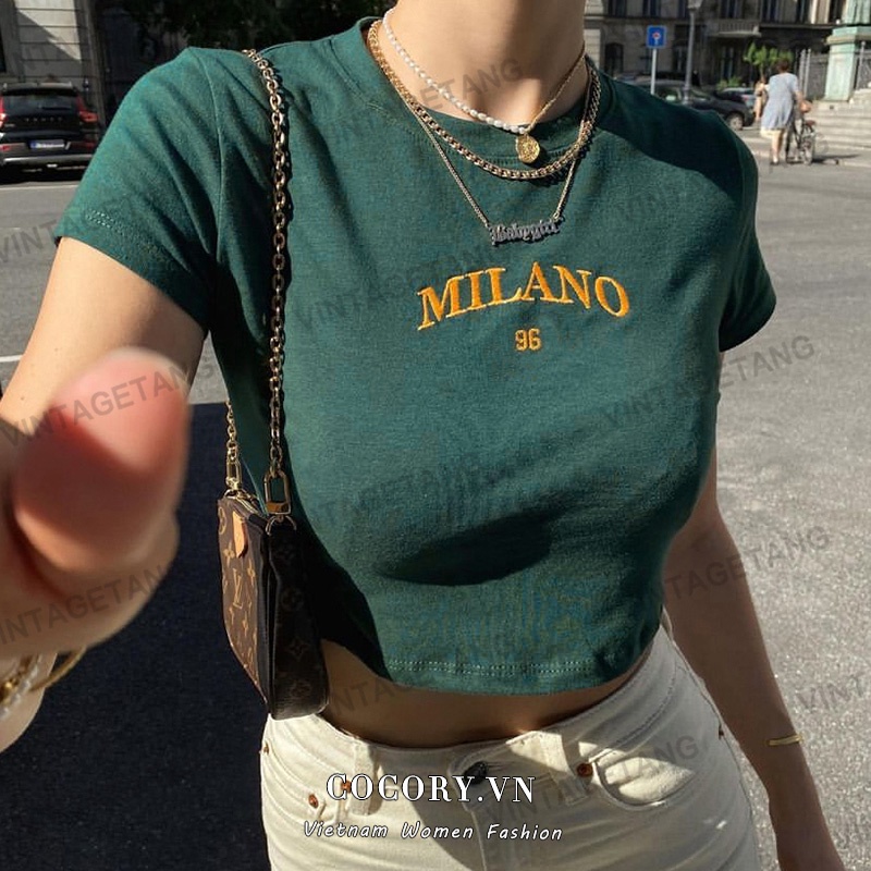 Cocory vn Áo Croptop Tay Ngắn Dáng Ôm Màu Xanh Lá Đậm Phong Cách Vintage Thời Trang Cho Nữ