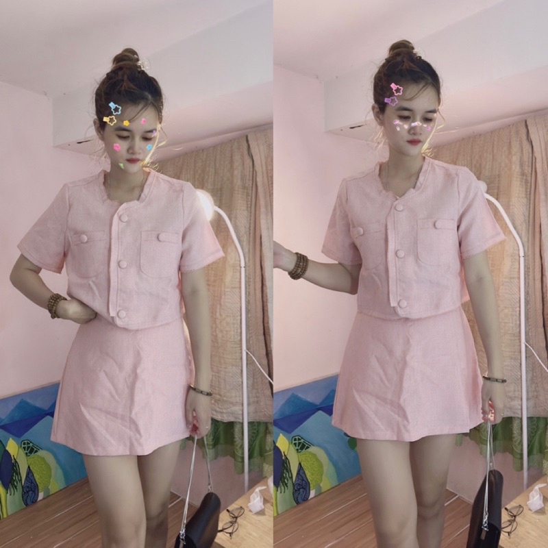 Set crotop dạ hồng nút bọc chân váy