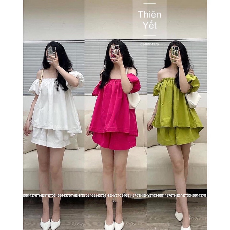 SÉT ÁO + QUẦN TAY PHỒNG RỘNG trễ vai tay ngắn quần đùi short chất kate voan siêu dễ thương cute cho Nữ - Thiên Yết