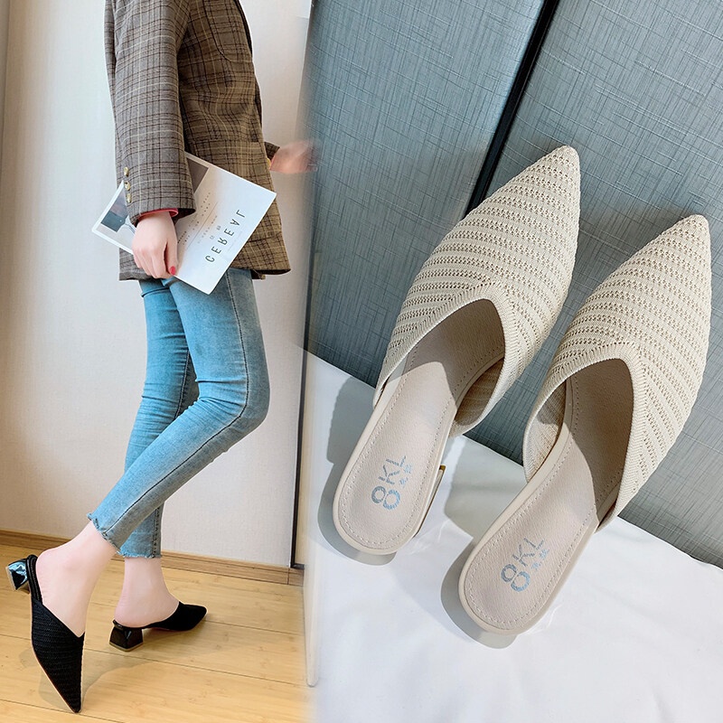Xăng đan IELGY gót thấp mũi nhọn màu trơn chống trượt thời trang cho nữ