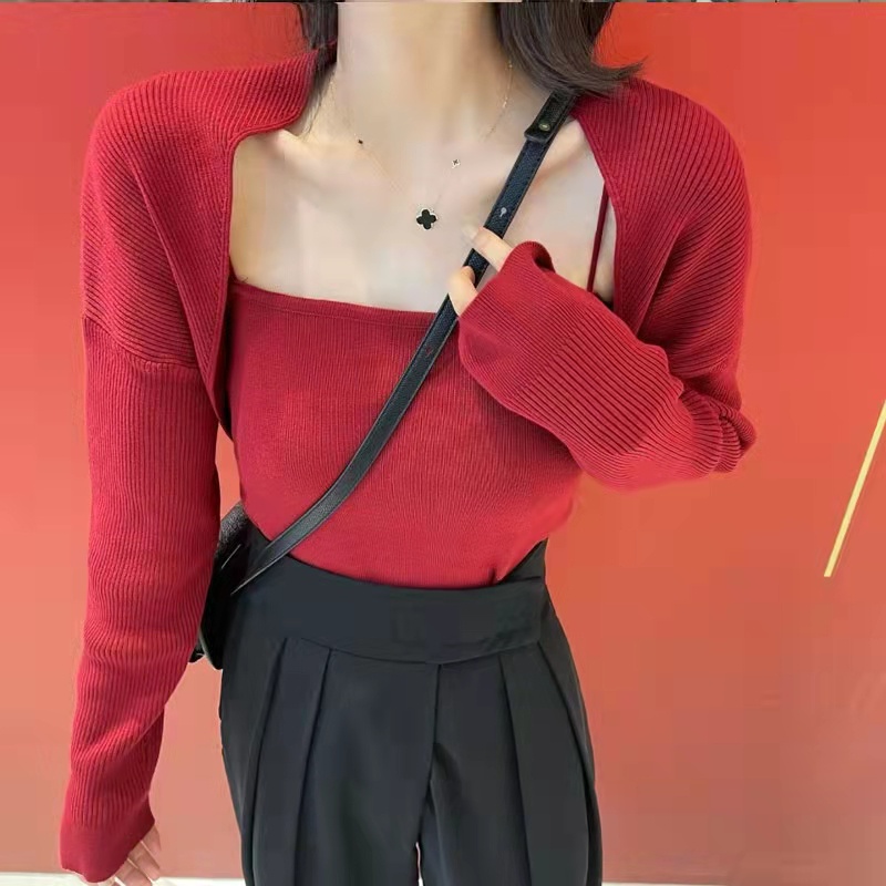 DUNEA Bộ áo dây + áo khoác cardigan dệt kim màu đỏ phong cách giáng sinh ngọt ngào cho nữ