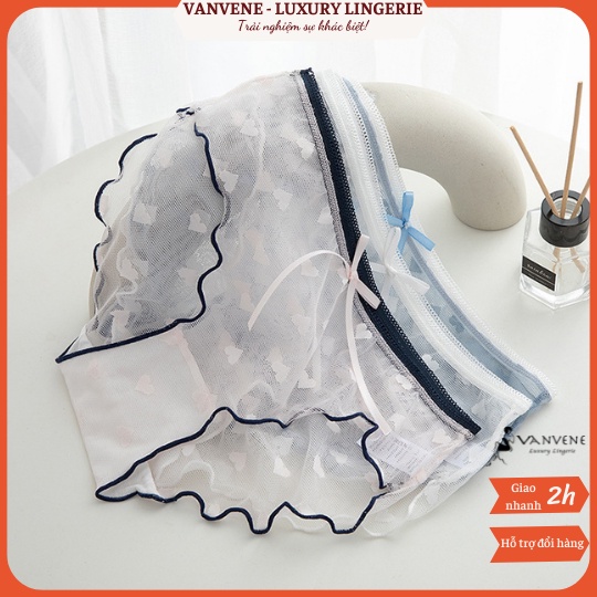 Quần lót nữ ren lưới tim Vanvene cạp vừa đính nơ lót quần 2 lớp cotton không hằn viền mới Q352