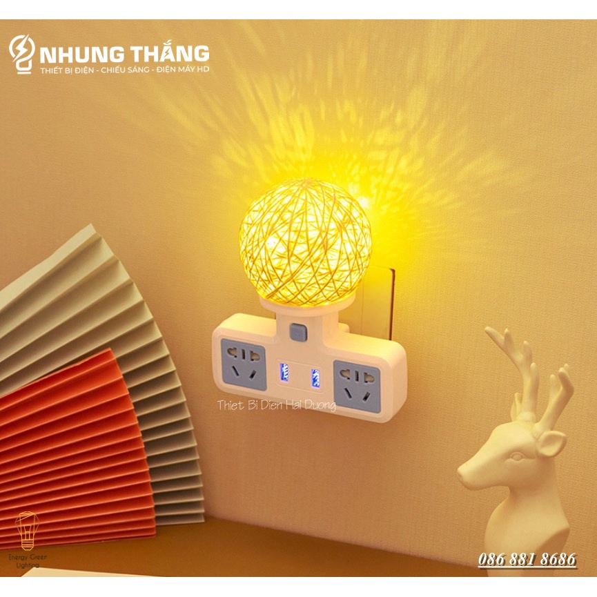 Ổ Cắm Điện Đa Năng - Đèn Ngủ Cầu Mây - 2 Cổng USB , Ổ Chịu Tải 2500W, Chống Cháy Nổ - Tặng Kèm Phích Chuyển Đổi