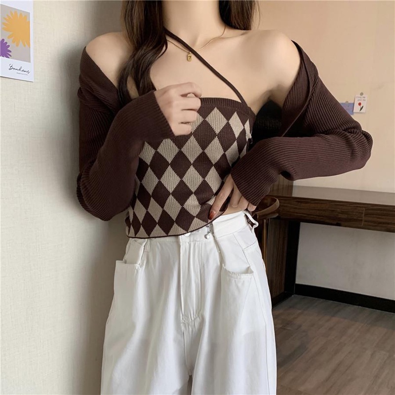 IELGY  Set Áo Hai Dây + Áo Choàng Ngắn Kẻ Caro Riêng Biệt Cho Nữ [Order]