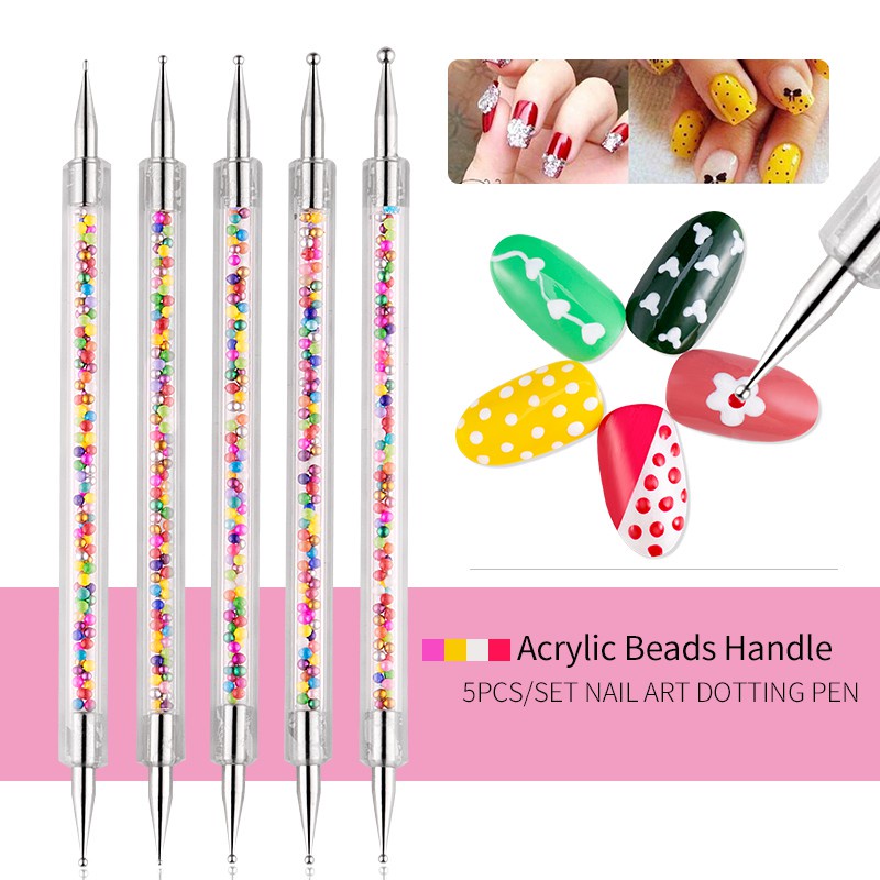 Set 5 bút chấm móng LUSLUKING 2 đầu thiết kế thân đính đá trang trí nghệ thuật