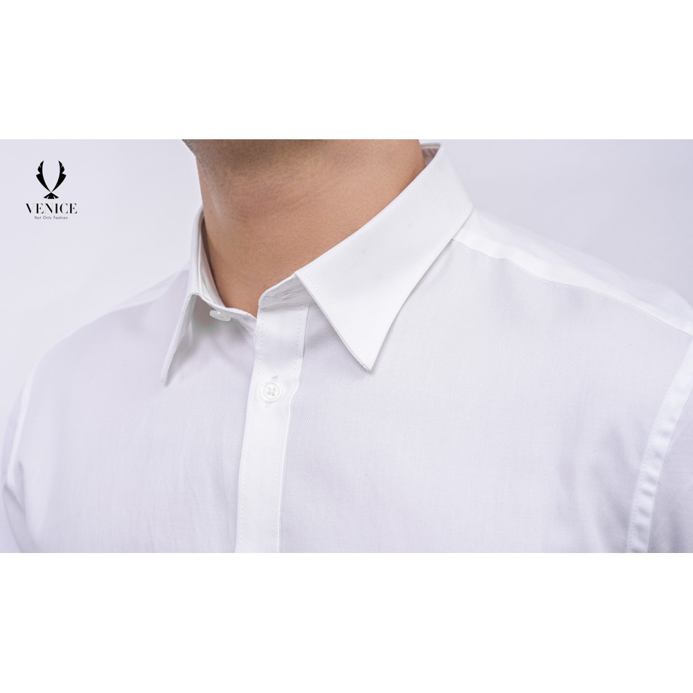 Sơ Mi Nam Dài Tay Công Sở VENICE - Màu Trắng Chéo To, Cổ Thường (Cúc Trắng Thường), Form Slim Fit, Vải Cotton Pha Sợi